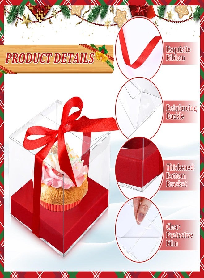 Watersay 48 Pcs Christmas Clear Cupcake Boxes Individual 3.5 Inch Red Green Plastic Cupcake Containers Single Boxes with Inserts and Ribbon Individual Cake Holders for Xmas Wedding Gift Storage - Image 5
